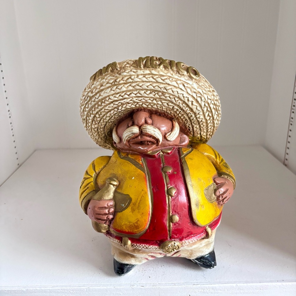 Vintage mariachi mexican piggy Bank with Bottle of beer Viva Mexico